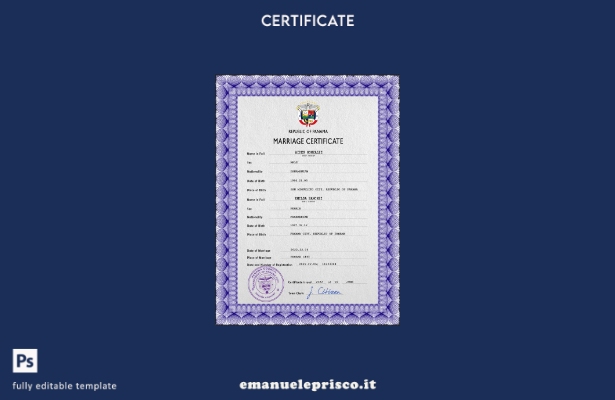 modello PSD di certificato di matrimonio panamense in stile verificato